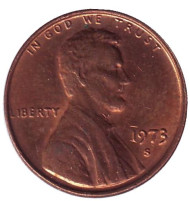 Монета 1 цент. 1973 год (S), США. Линкольн. Монета 1 цент. 1973 год (S), США. Линкольн.