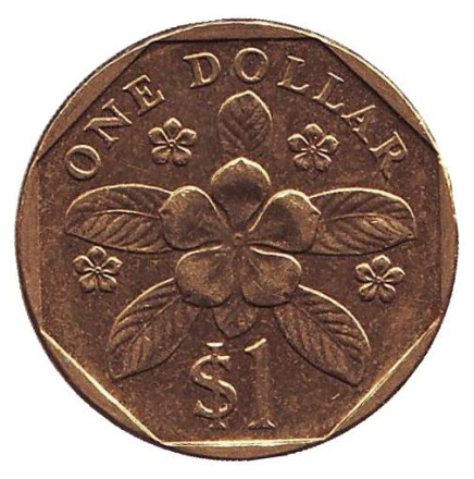 Монета 1 доллар. 2011 год, Сингапур. Барвинок.