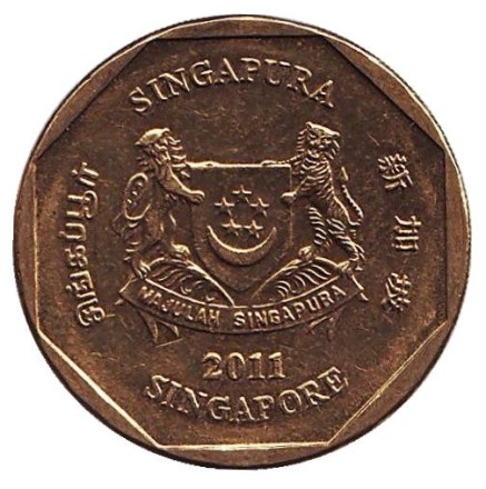 Монета 1 доллар. 2011 год, Сингапур. Барвинок.