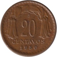 Монета 20 сентаво. 1950 год, Чили. Монета 20 сентаво. 1950 год, Чили.