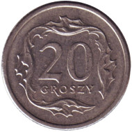 Монета 20 грошей. 2002 год, Польша. Монета 20 грошей. 2002 год, Польша.