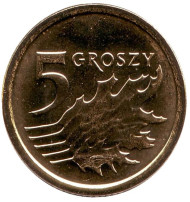 Монета 5 грошей. 2014 год, Польша. (новый тип). Дубовые листья. Монета 5 грошей. 2014 год, Польша. (новый тип). Дубовые листья.