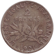 Монета 2 франка. 1901 год, Франция. Монета 2 франка. 1901 год, Франция.