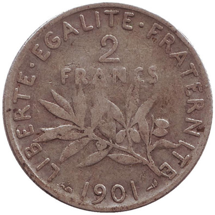 Монета 2 франка. 1901 год, Франция.