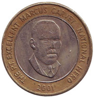 Монета 20 долларов. 2001 год, Ямайка. Маркус Гарви - национальный герой. Монета 20 долларов. 2001 год, Ямайка. Маркус Гарви - национальный герой.