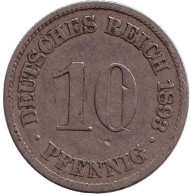 Монета 10 пфеннигов. 1893 год (A), Германская империя. Монета 10 пфеннигов. 1893 год (A), Германская империя.