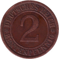 Монета 2 рентенпфеннига. 1923 год (А), Веймарская республика. Монета 2 рентенпфеннига. 1923 год (А), Веймарская республика.