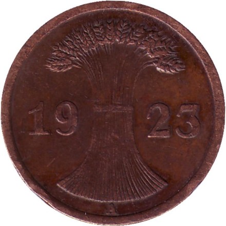 Монета 2 рентенпфеннига. 1923 год (А), Веймарская республика. Монета 2 рентенпфеннига. 1923 год (А), Веймарская республика.