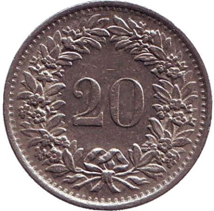 Монета 20 раппенов. 1970 год, Швейцария.