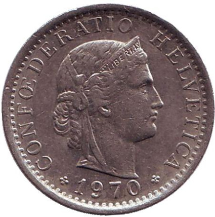 Монета 20 раппенов. 1970 год, Швейцария. Монета 20 раппенов. 1970 год, Швейцария.