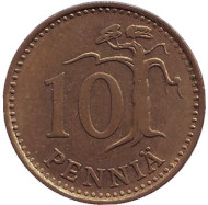 Монета 10 пенни. 1969 год, Финляндия. Монета 10 пенни. 1969 год, Финляндия.