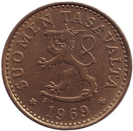 Монета 10 пенни. 1969 год, Финляндия.