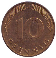 Монета 10 пфеннигов. 1990 год (J), ФРГ. Дубовые листья. Монета 10 пфеннигов. 1990 год (J), ФРГ. Дубовые листья.