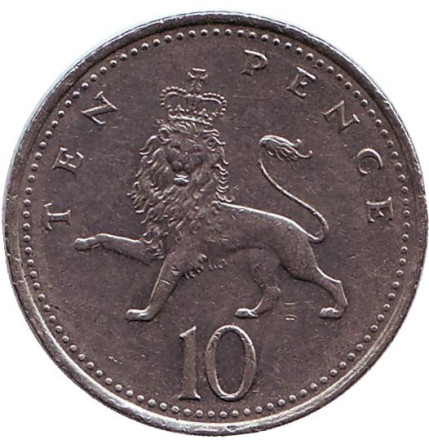 Монета 10 пенсов. 1997 год, Великобритания. Лев.
