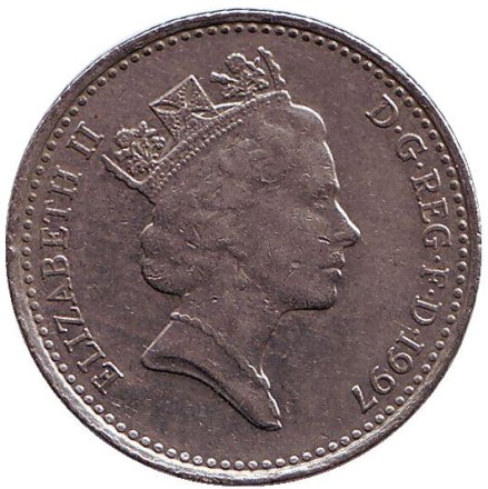 Монета 10 пенсов. 1997 год, Великобритания. Лев.