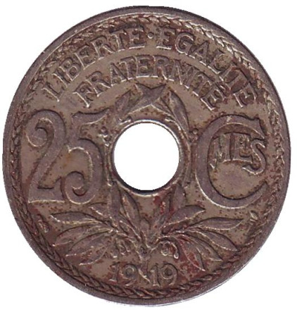 Монета 25 сантимов. 1919 год, Франция.