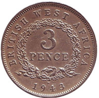 Монета 3 пенса. 1943 год (H), Британская Западная Африка.