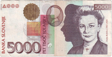 Банкнота 5000 толаров. 1997 год, Словения. Ивана Кобильца.