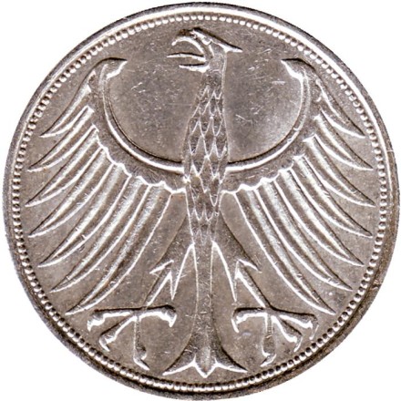 Монета 5 марок. 1968 год (J), ФРГ. Монета 5 марок. 1968 год (J), ФРГ.