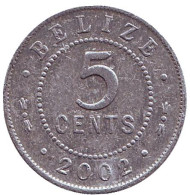 Монета 5 центов. 2002 год, Белиз. Монета 5 центов. 2002 год, Белиз.