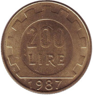 Монета 200 лир. 1987 год, Италия. Монета 200 лир. 1987 год, Италия.