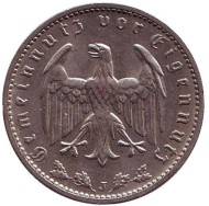 Монета 1 рейхсмарка. 1937 год, Германия (Третий Рейх). (J). Монета 1 рейхсмарка. 1937 год, Германия (Третий Рейх). (J).