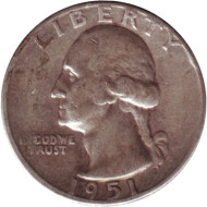 Монета 25 центов. 1951 год, США. (Отметка монетного двора D). Вашингтон. Монета 25 центов. 1951 год, США. (Отметка монетного двора D). Вашингтон.