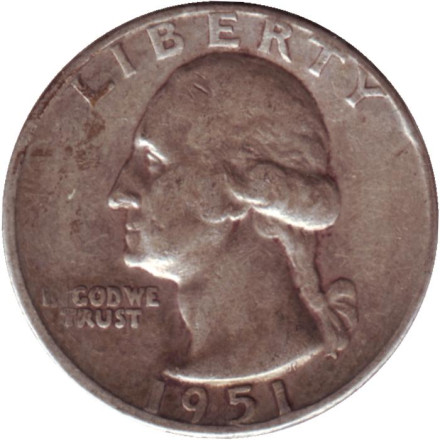 Монета 25 центов. 1951 год, США. (Отметка монетного двора D). Вашингтон.