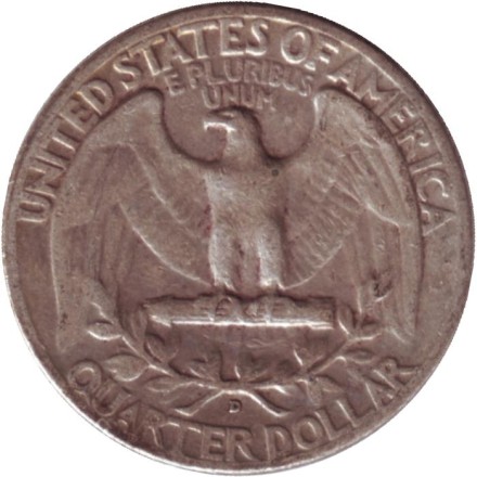 Монета 25 центов. 1951 год, США. (Отметка монетного двора D). Вашингтон. Монета 25 центов. 1951 год, США. (Отметка монетного двора D). Вашингтон.