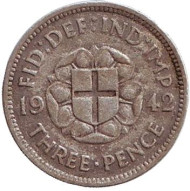 Монета 3 пенса. 1942 год, Великобритания. Монета 3 пенса. 1942 год, Великобритания.