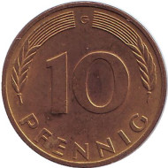 Монета 10 пфеннигов. 1984 год (G), ФРГ. Дубовые листья. Монета 10 пфеннигов. 1984 год (G), ФРГ. Дубовые листья.