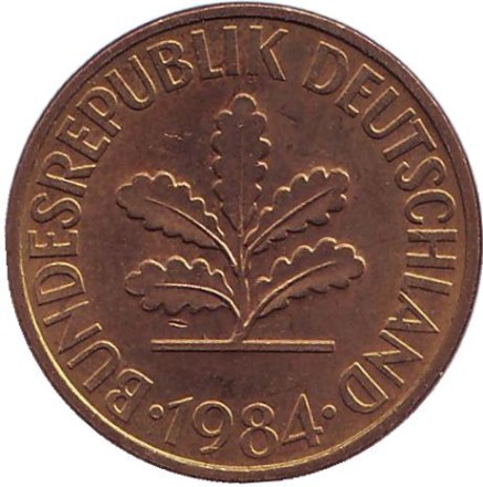 Монета 10 пфеннигов. 1984 год (G), ФРГ. Дубовые листья. Монета 10 пфеннигов. 1984 год (G), ФРГ. Дубовые листья.