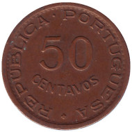 Монета 50 сентаво. 1961 год, Ангола в составе Португалии. Монета 50 сентаво. 1961 год, Ангола в составе Португалии.