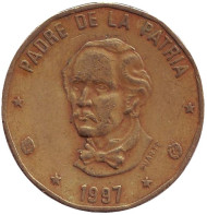 Монета 1 песо. 1997 год, Доминиканская Республика. Пабло Дуарте.