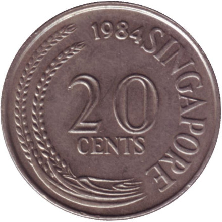 Монета 20 центов. 1984 год. Сингапур. (Из обращения). Рыба-меч.