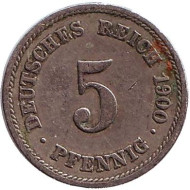 Монета 5 пфеннигов. 1900 год (F), Германская империя. Монета 5 пфеннигов. 1900 год (F), Германская империя.