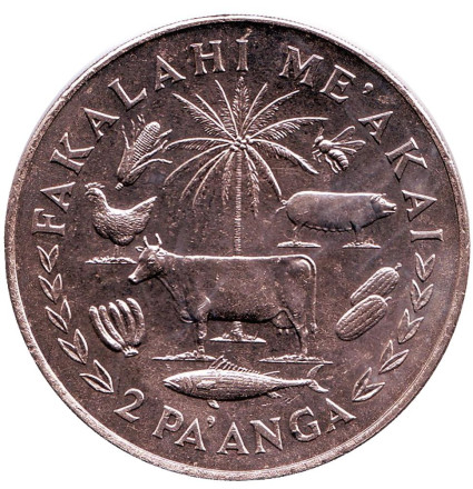 Монета 2 паанга. 1977 год, Тонга. ФАО. Корова. Король Тауфа’ахау Тупоу IV.