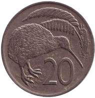 Монета 20 центов. 1975 год, Новая Зеландия. Киви (птица). Монета 20 центов. 1975 год, Новая Зеландия. Киви (птица).
