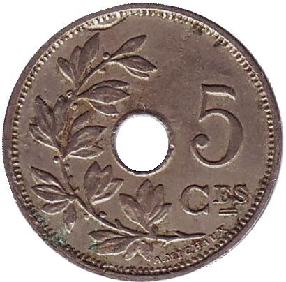 Монета 5 сантимов. 1914 год, Бельгия. (Belgique) 