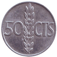 Монета 50 сентимо. 1966 год, Испания. (71 внутри звезды). Монета 50 сентимо. 1966 год, Испания. (71 внутри звезды).