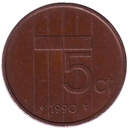 Монета 5 центов. 1990 год, Нидерланды.