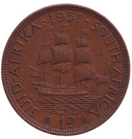 Монета 1 пенни. 1951 год, Южная Африка. Корабль "Дромедарис". Монета 1 пенни. 1951 год, Южная Африка. Корабль "Дромедарис".