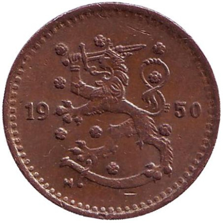 Монета 1 марка. 1950 год (медь), Финляндия.