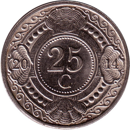 Монета 25 центов. 2014 год, Нидерландские Антильские острова. Цветок апельсинового дерева.
