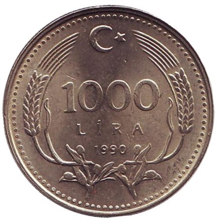 Монета 1000 лир. 1990 год, Турция. Охрана окружающей среды.