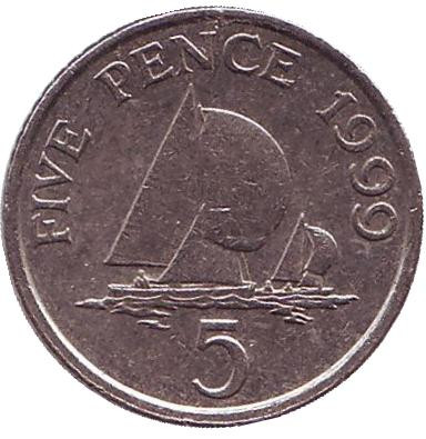 Монета 5 пенсов, 1999 год, Гернси. Парусники.