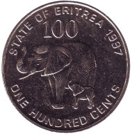 Монета 100 центов. 1997 год, Эритрея. Слоны.