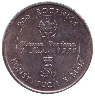 Монета 10000 злотых. 1991 год, Польша. 200 лет Конституции Польши. Монета 10000 злотых. 1991 год, Польша. 200 лет Конституции Польши.