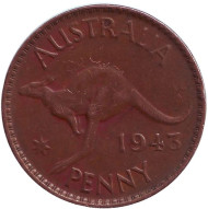 Монета 1 пенни. 1943 год, Австралия. (Точка после "PENNY") Кенгуру. Монета 1 пенни. 1943 год, Австралия. (Точка после "PENNY") Кенгуру.