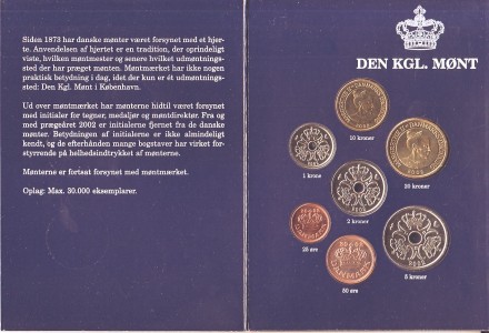 Годовой набор монет Дании 2002 года. (7 штук). Годовой набор монет Дании 2002 года. (7 штук).